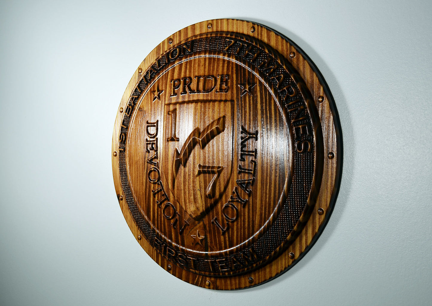 USMC 1st Battalion 7th Marines,  3d wood carving Shield, military plaque