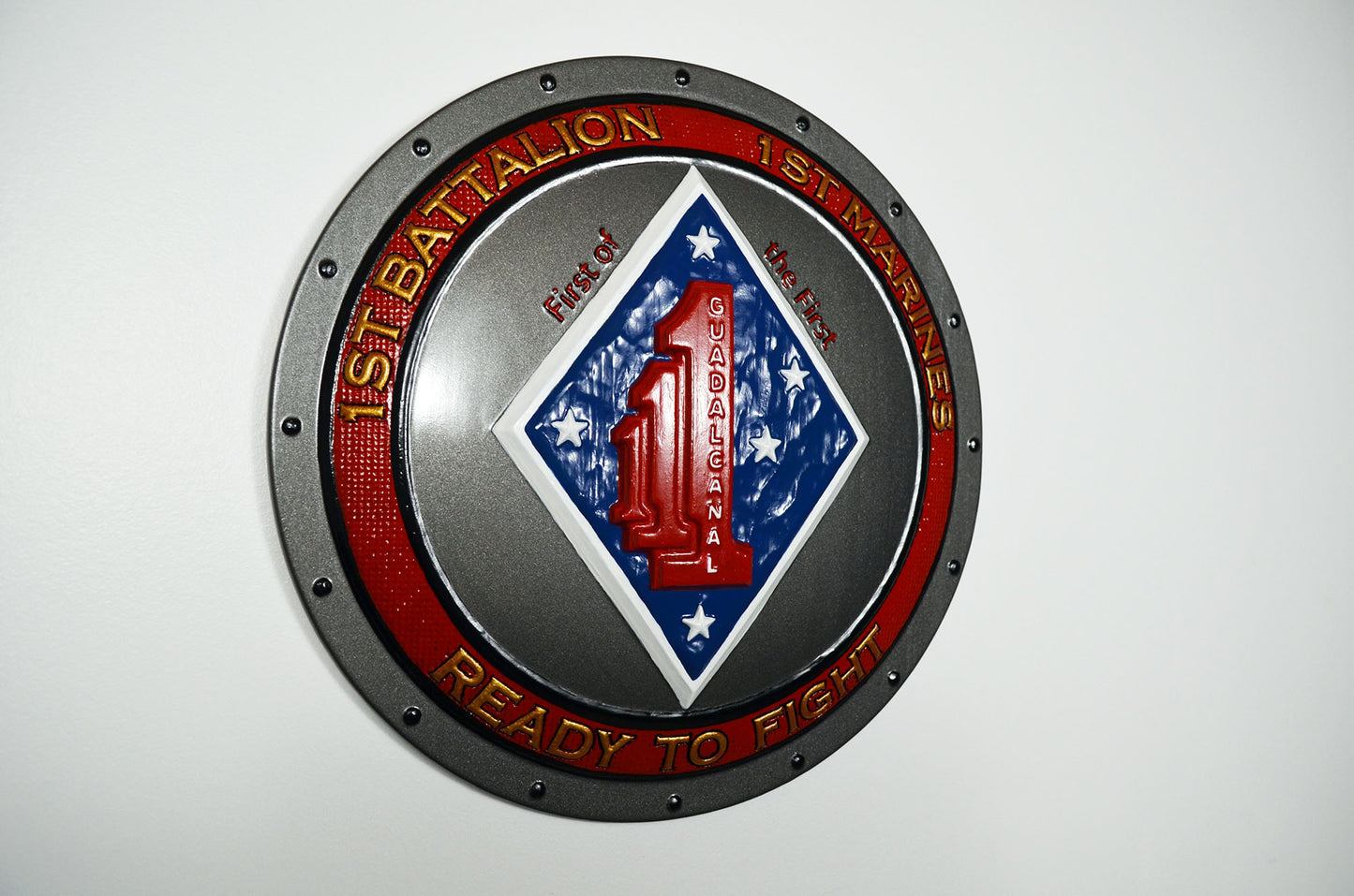 USMC 1st Battalion 1st Marines, 1st of the 1st Marine Corps, 3d wood carving, painted military plaque