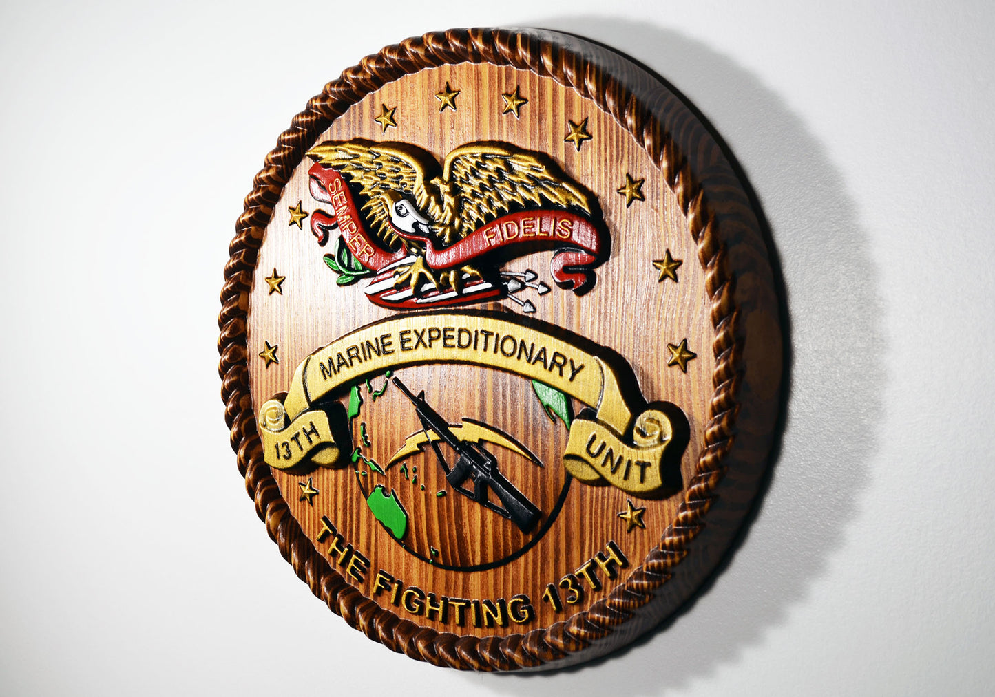 USMC 13th Marine Expeditionary Unit, painted 3d wood carving, military plaque