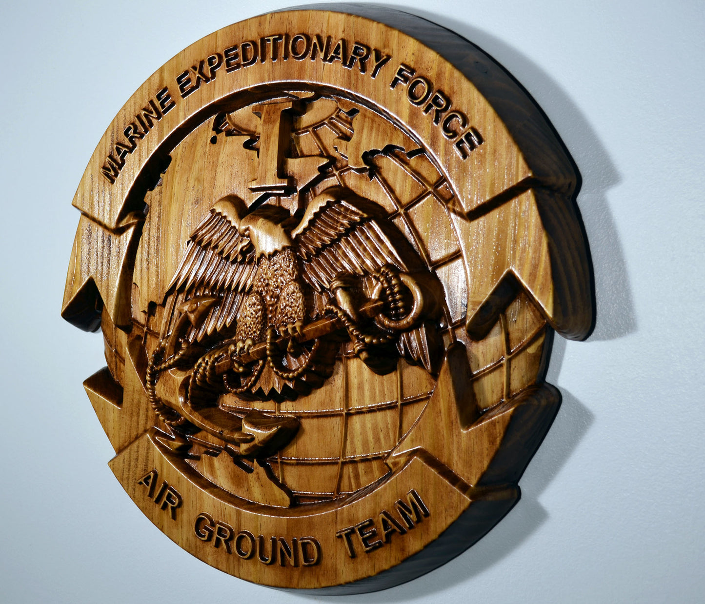 USMC I Marine Expeditionary Force, stained 3d wood carving, military plaque