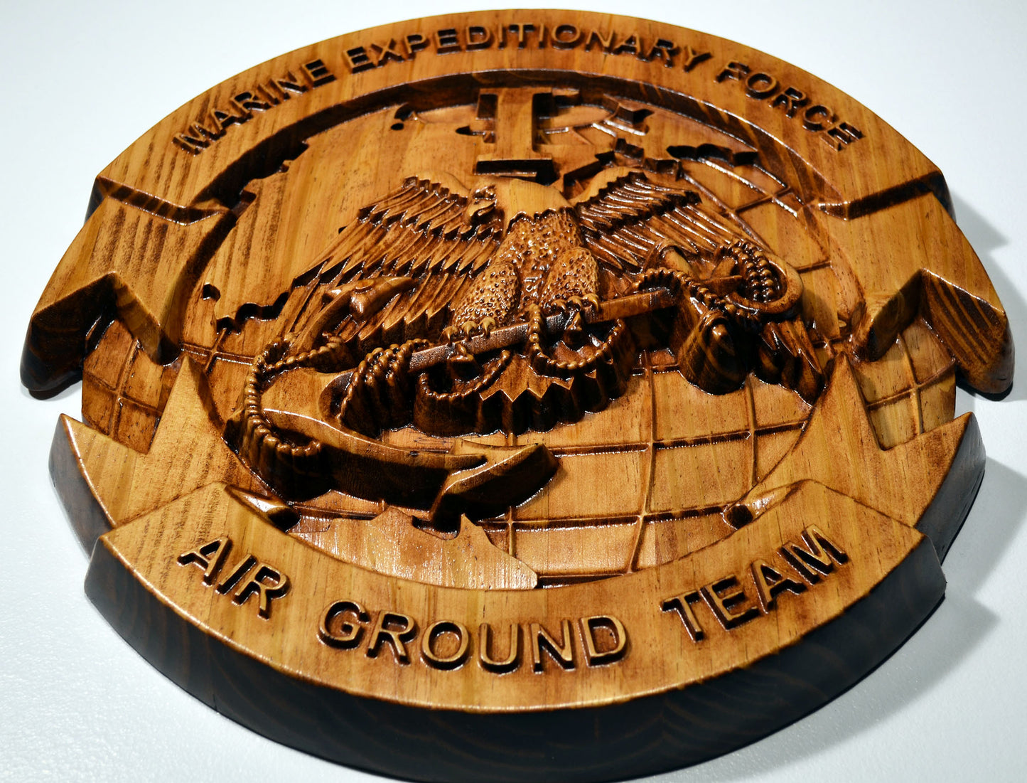 USMC I Marine Expeditionary Force, stained 3d wood carving, military plaque