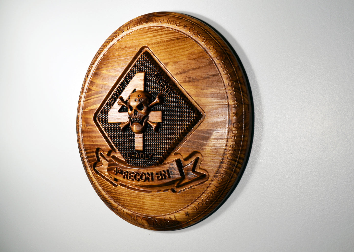USMC 4th Reconnaissance Battalion, Marine Corps Special Forces, stained 3d wood carving, military plaque - Carved Effects
