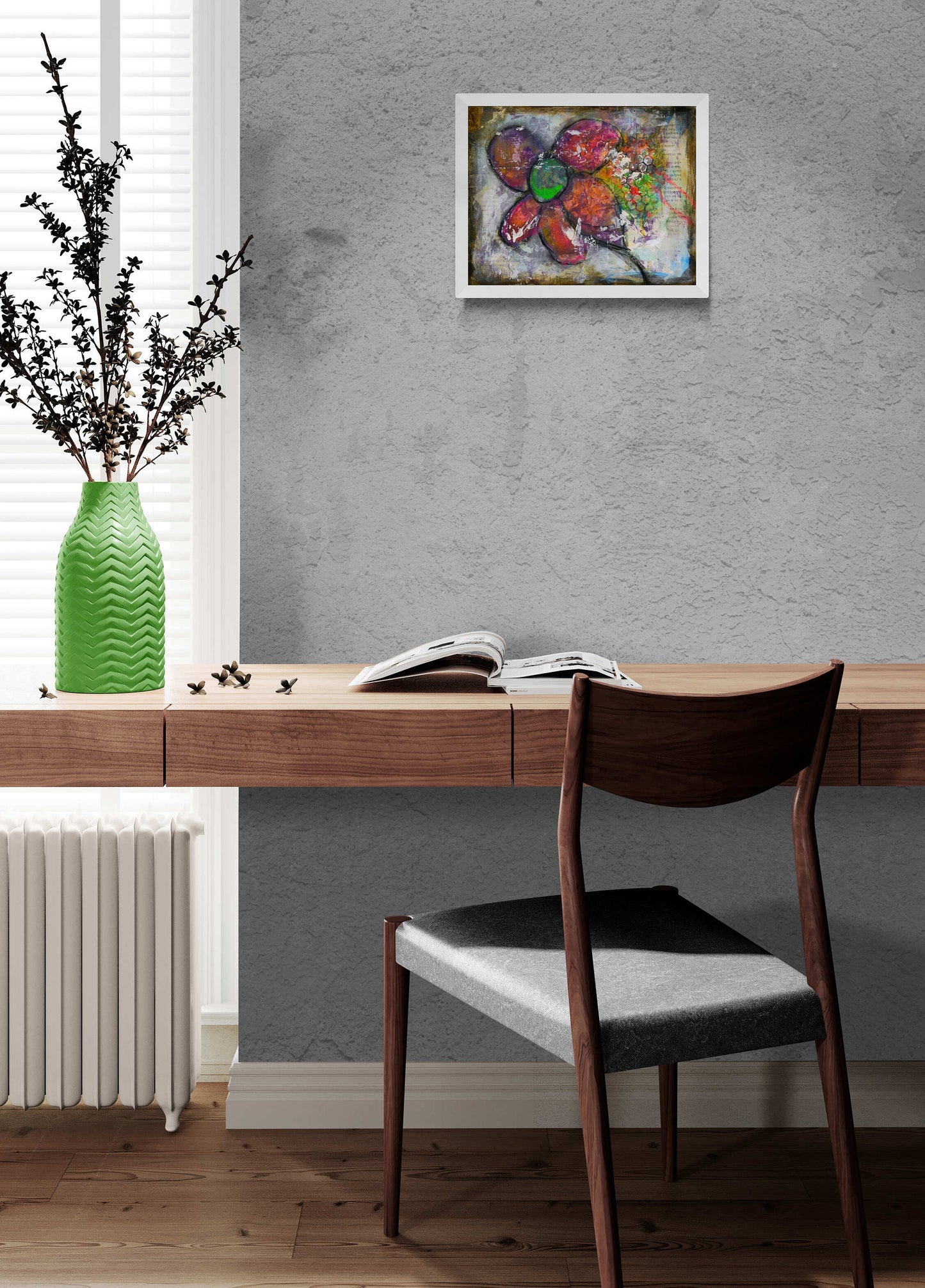 Abstract flower garden hand painted mixed media painting on canvas panel 11x14, original purple and green art painting - Carved Effects