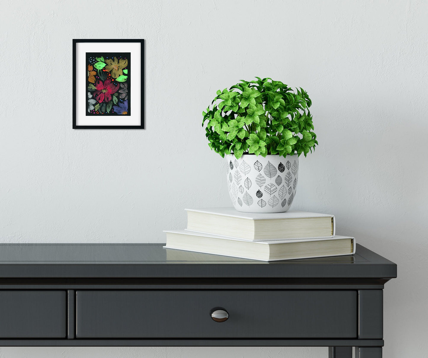 Black paper neon metallic flowers original watercolor painting