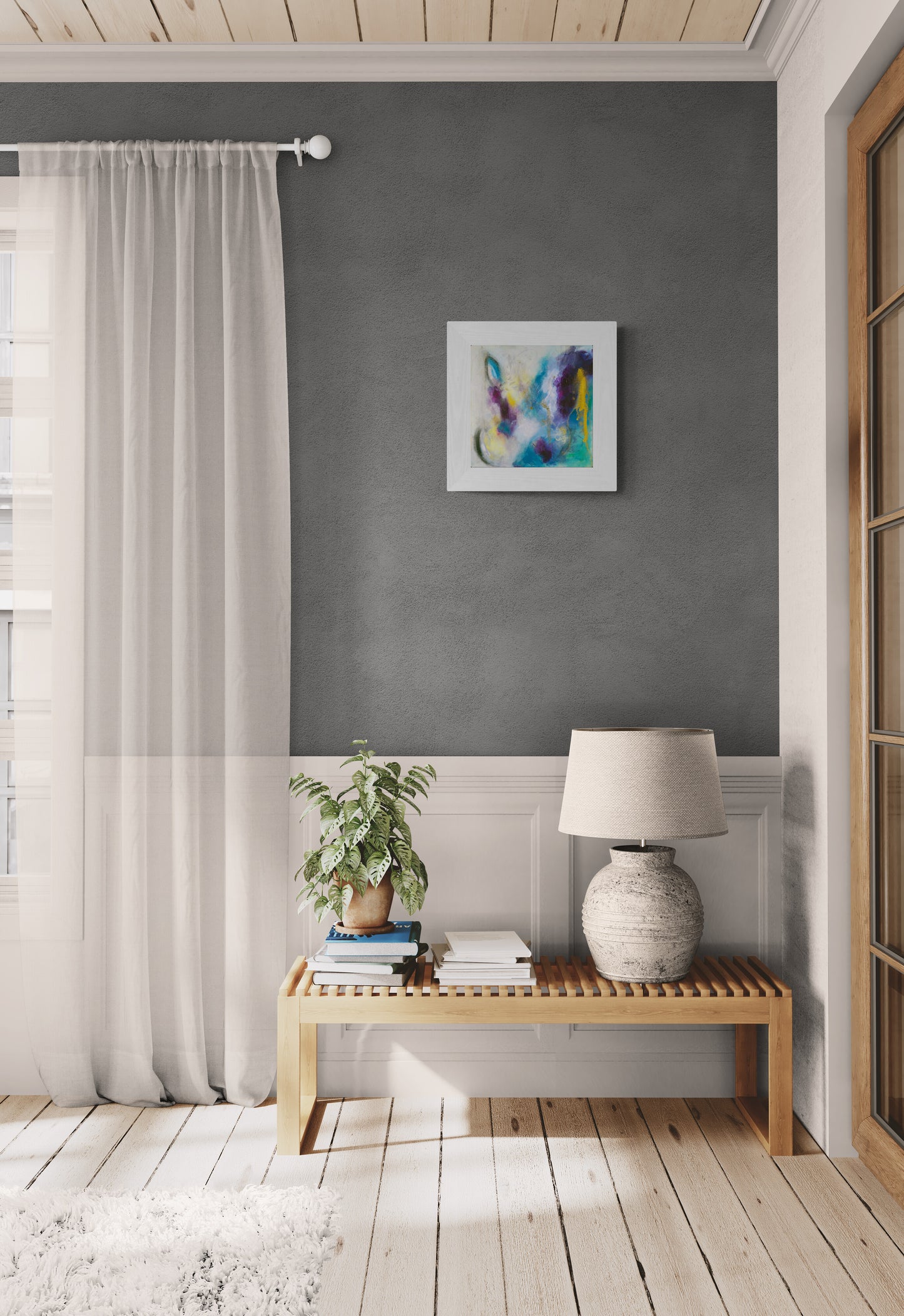 Blue and purple abstract mixed media painting on canvas