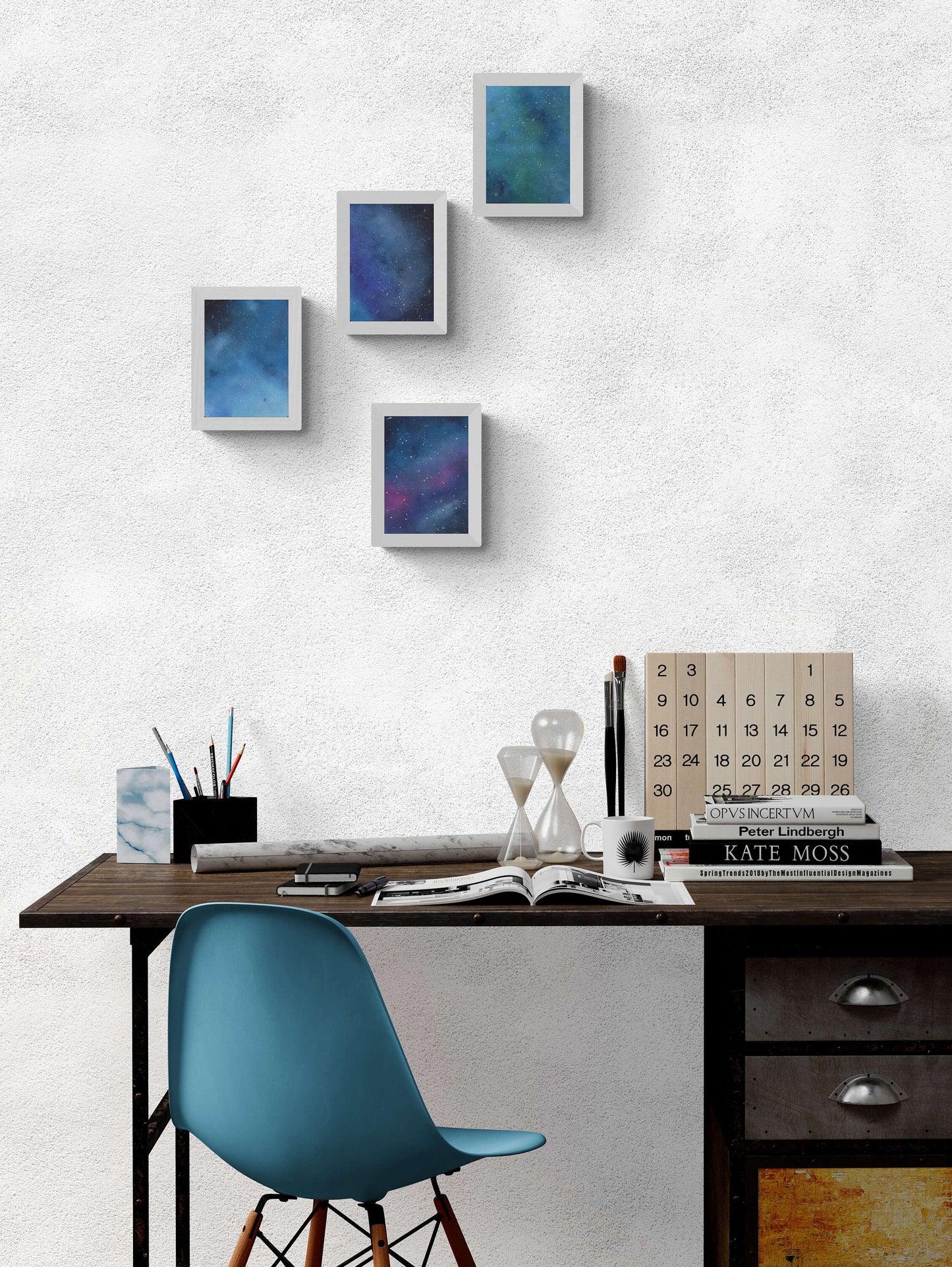 Blue and purple galaxy watercolor paintings