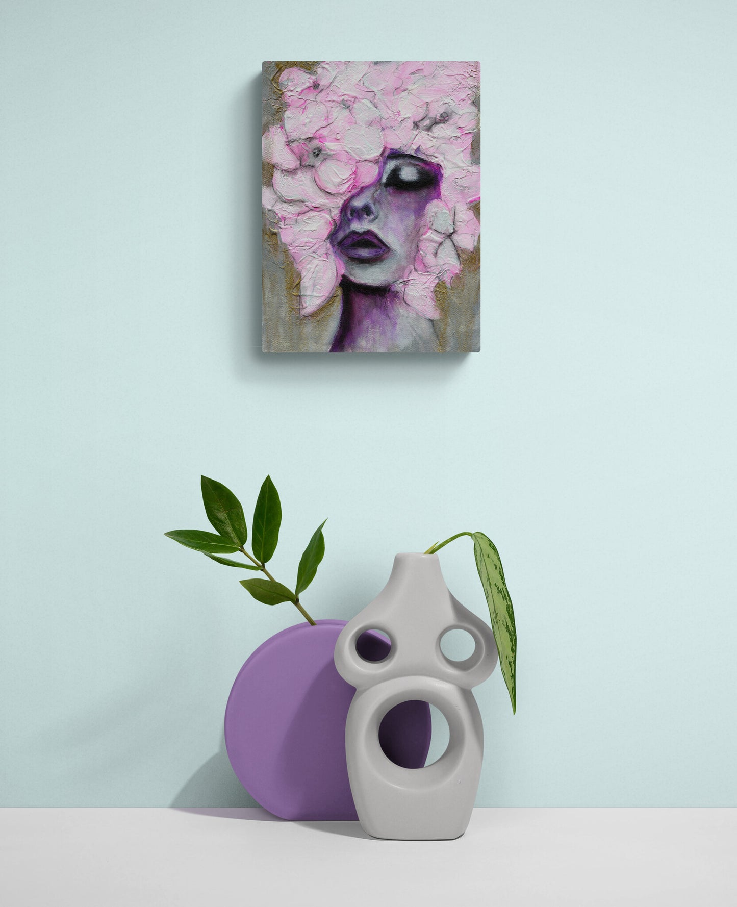 Bold eclectic boho female portrait with abstract flowers