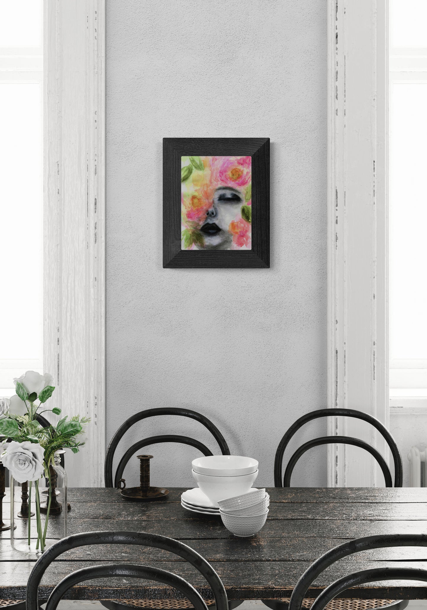 Bold female portrait with abstract flowers watercolor painting