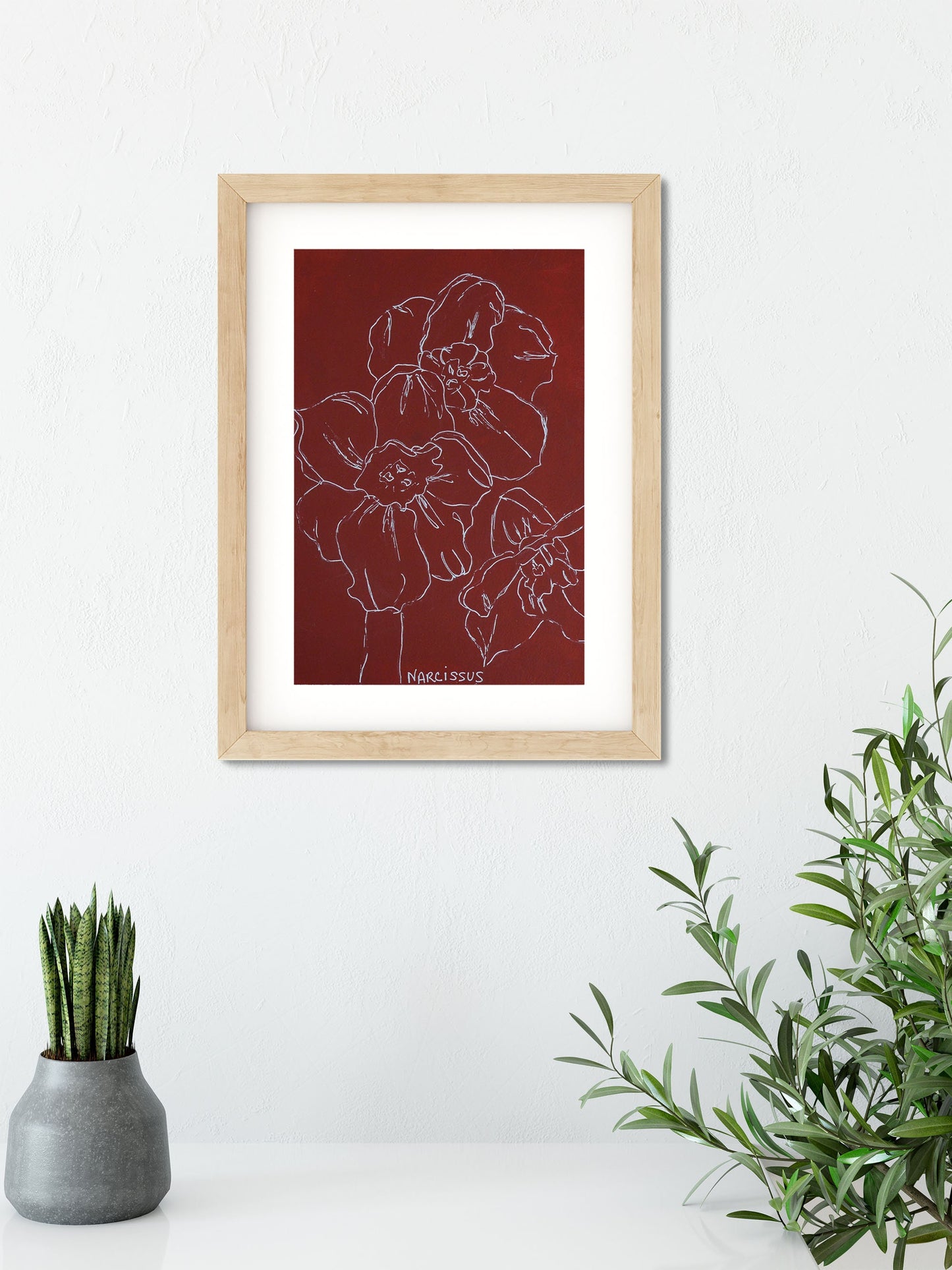 Burgundy narcissus line drawing hand painted acrylic on watercolor paper
