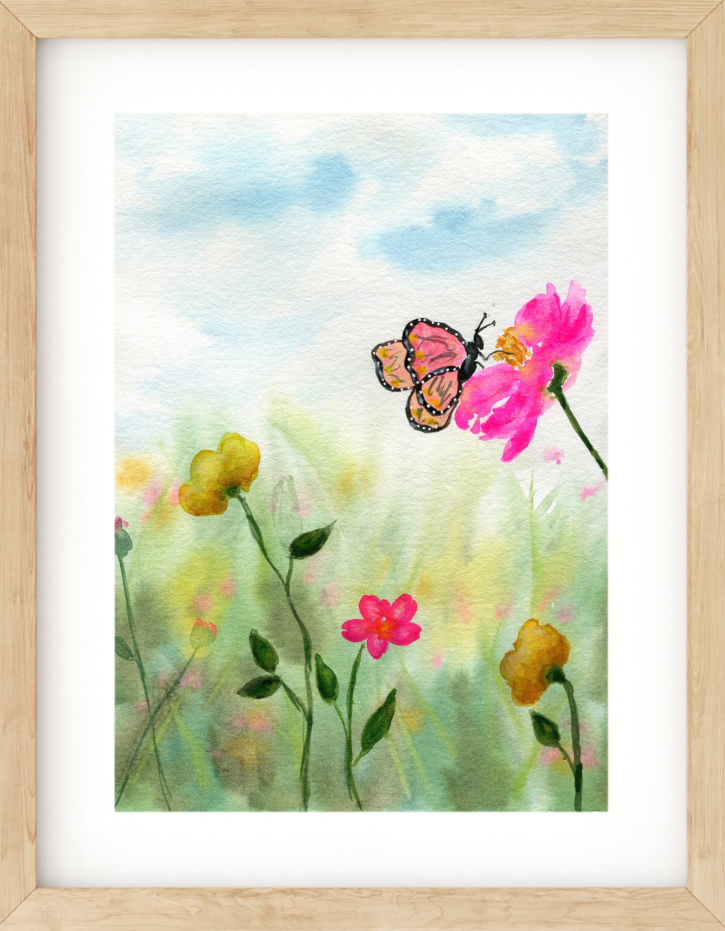 Butterfly flowers field original watercolor painting - Carved Effects