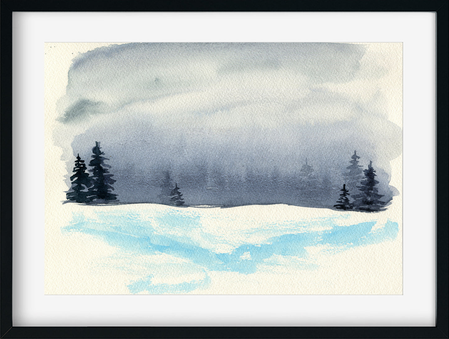 Cloudy winter day landscape watercolor painting 12x9 - carved effects