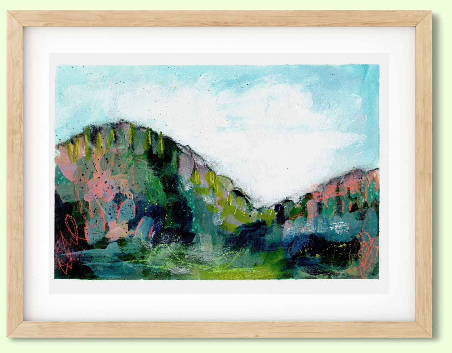 Colorful abstract landscape original painting 7x10, spring and summer forest landscape, green field acrylic painting - Carved Effects