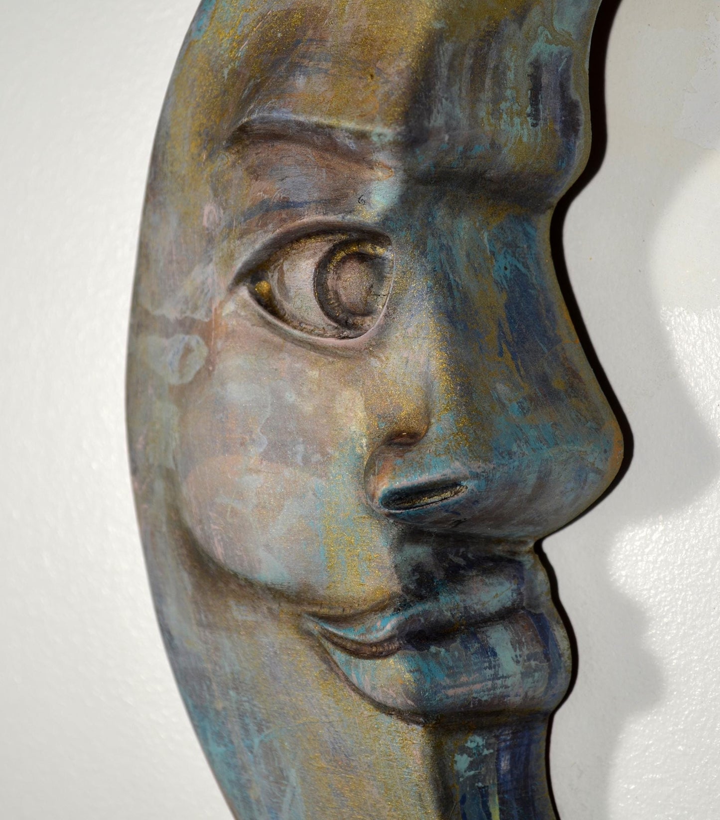 Crescent moon face 3d wood carving, wood wall art, vibrant and bold wood wall art ready to hang