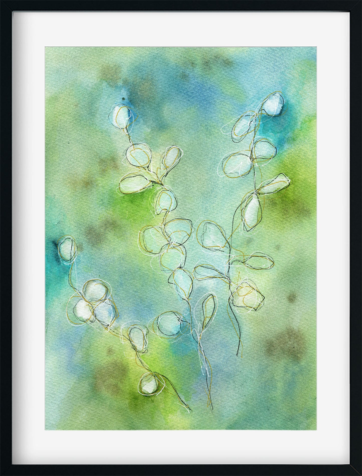 Framed watercolor painting of floral branches on a green and blue background