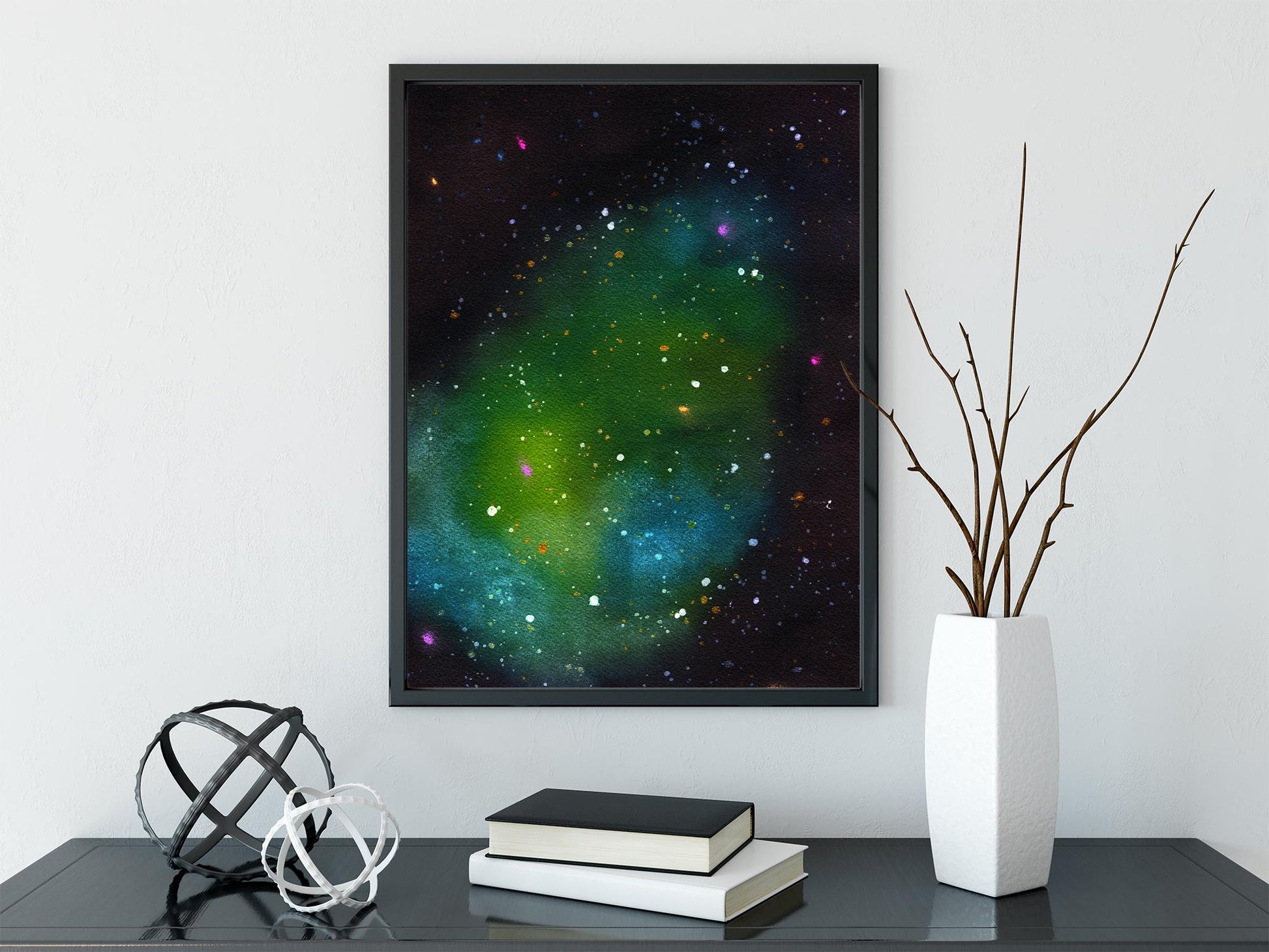 Green and blue galaxy watercolor painting 9x12, hand painted nebula original on paper, outer space wall art, celestial artwork