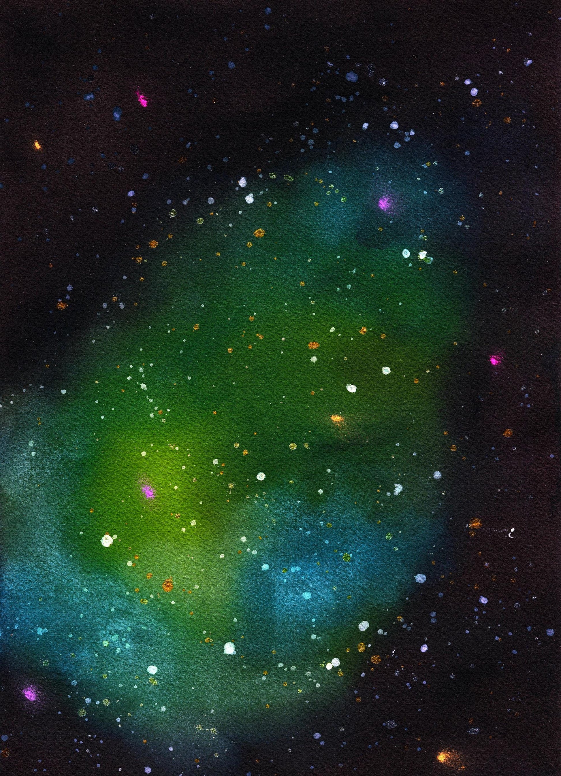 Green and blue galaxy watercolor painting 9x12, hand painted nebula original on paper, outer space wall art, celestial artwork