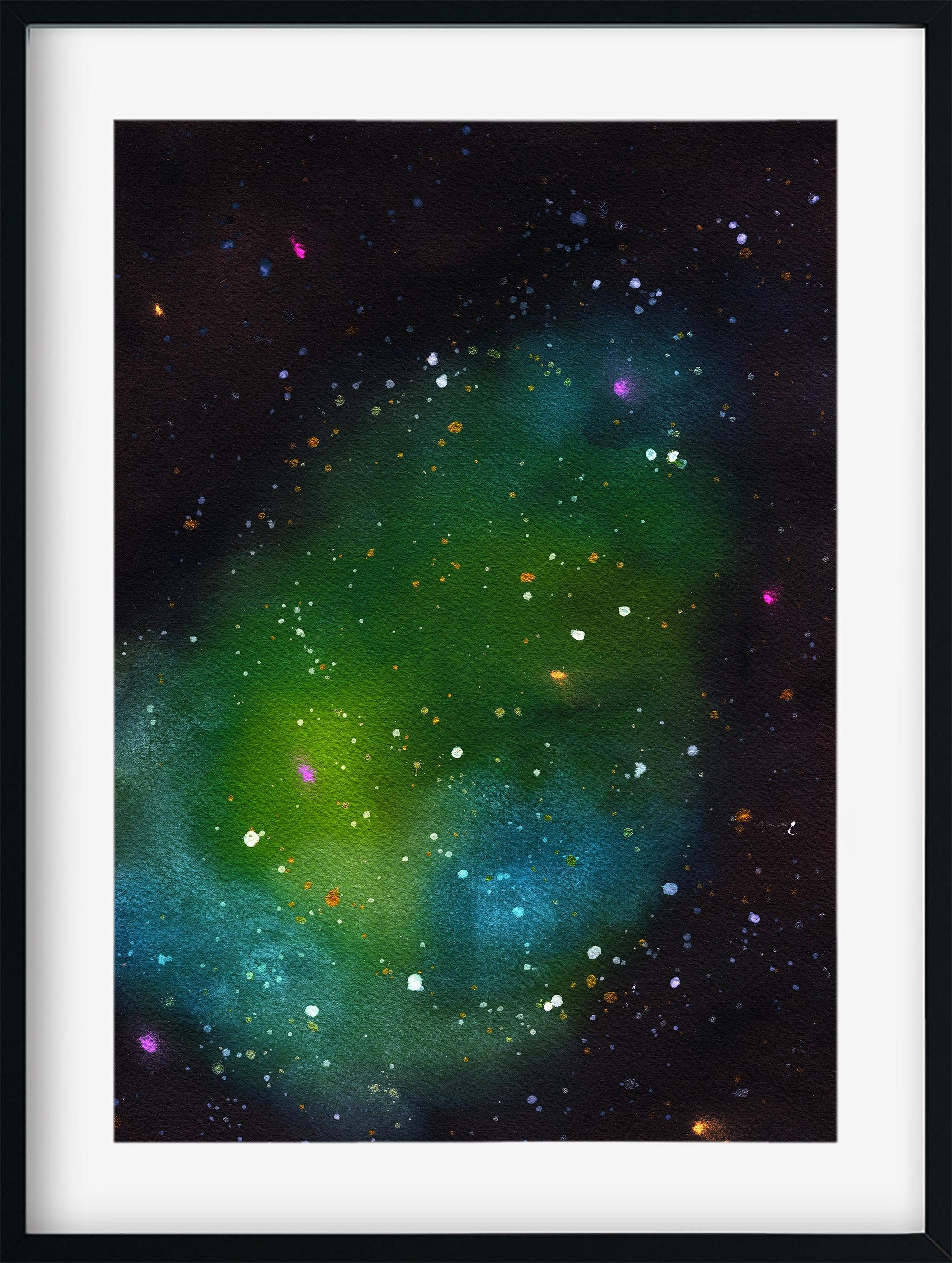 Green and blue galaxy watercolor painting 9x12, hand painted nebula original on paper, outer space wall art, celestial artwork