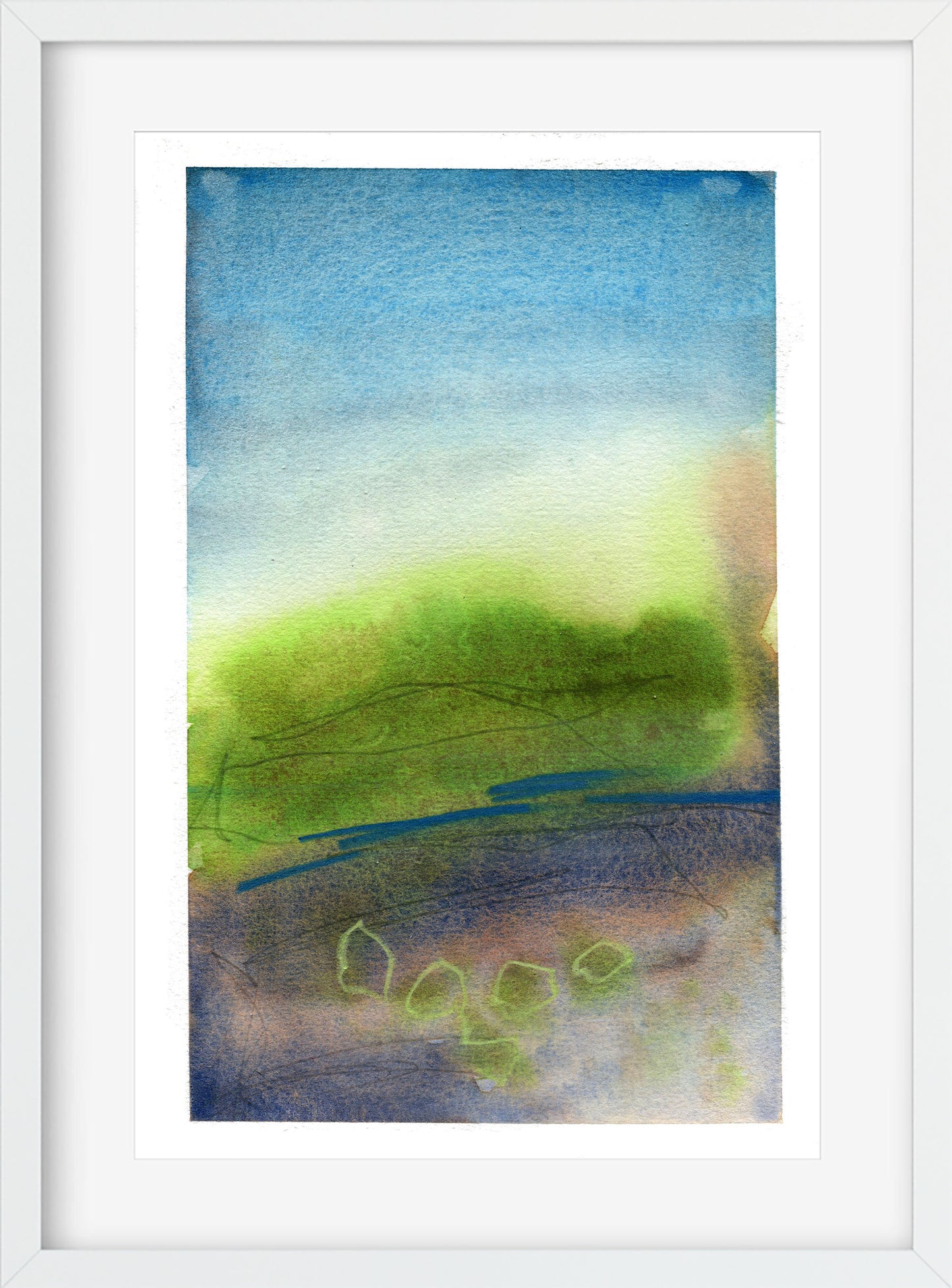 Abstract watercolor painting with blue and green hues in a white frame.