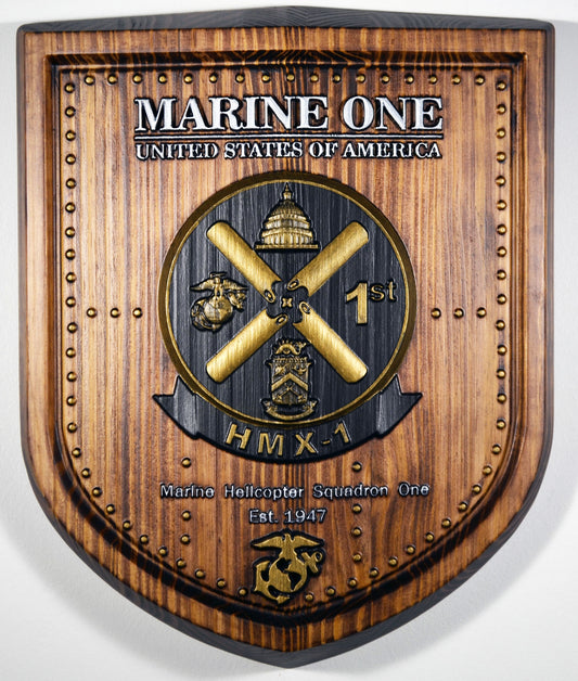 USMC HMX-1, Marine Helicopter Squadron One, 3d wood carving, military painted plaque - Carved Effects