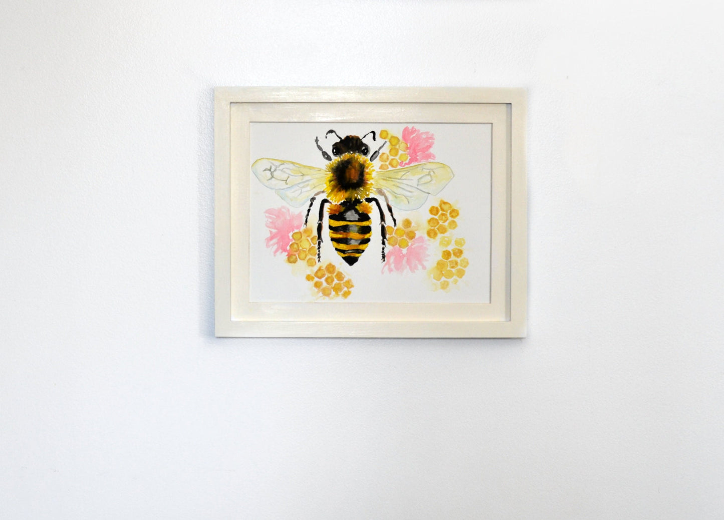 Honey bee on honeycomb watercolor painting 9x12 - carved effects