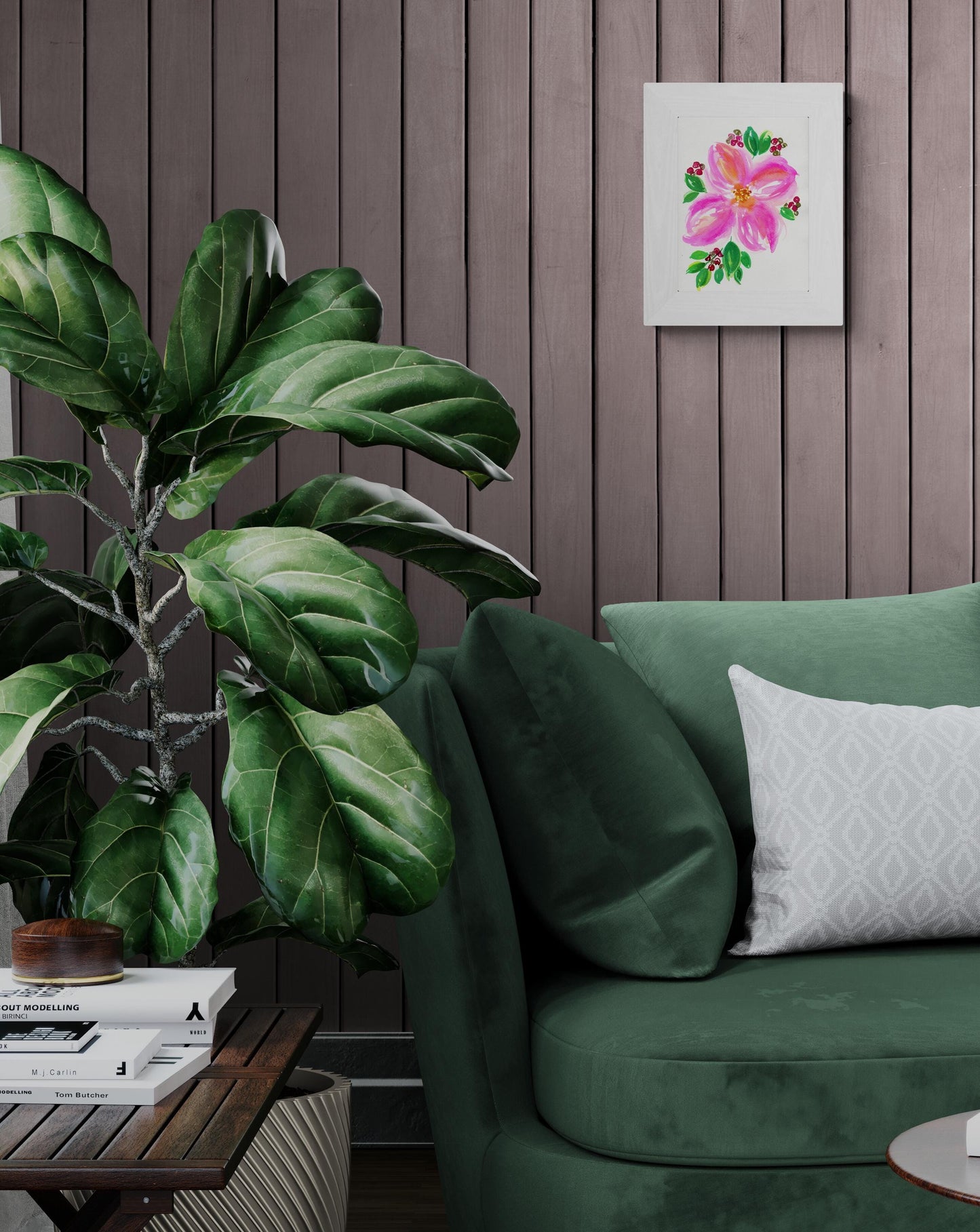 Hot pink flower with red berries original watercolor painting 9x12 - carved effects