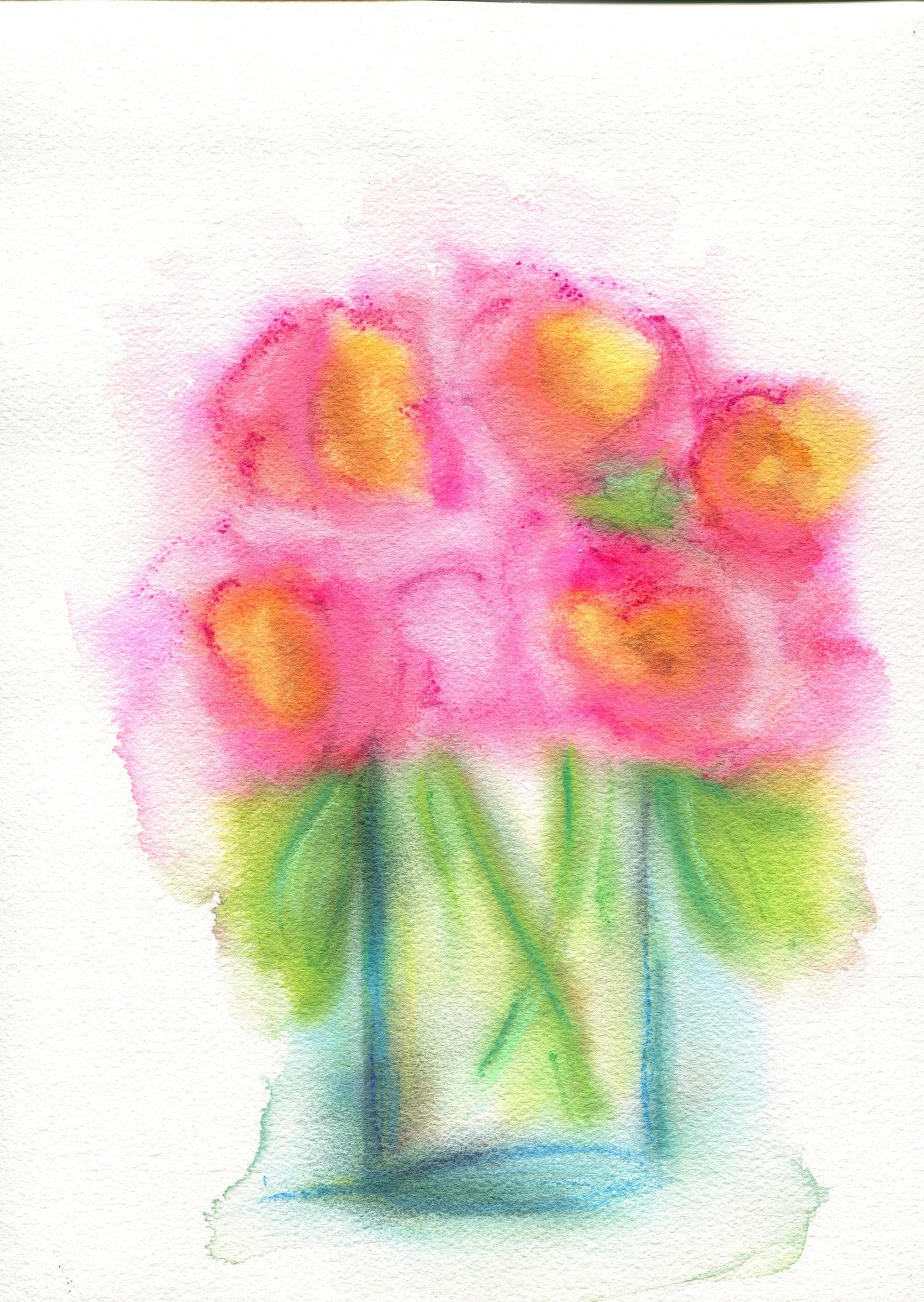Hot pink peony flowers in vase watercolor painting 9x12 - carved effects