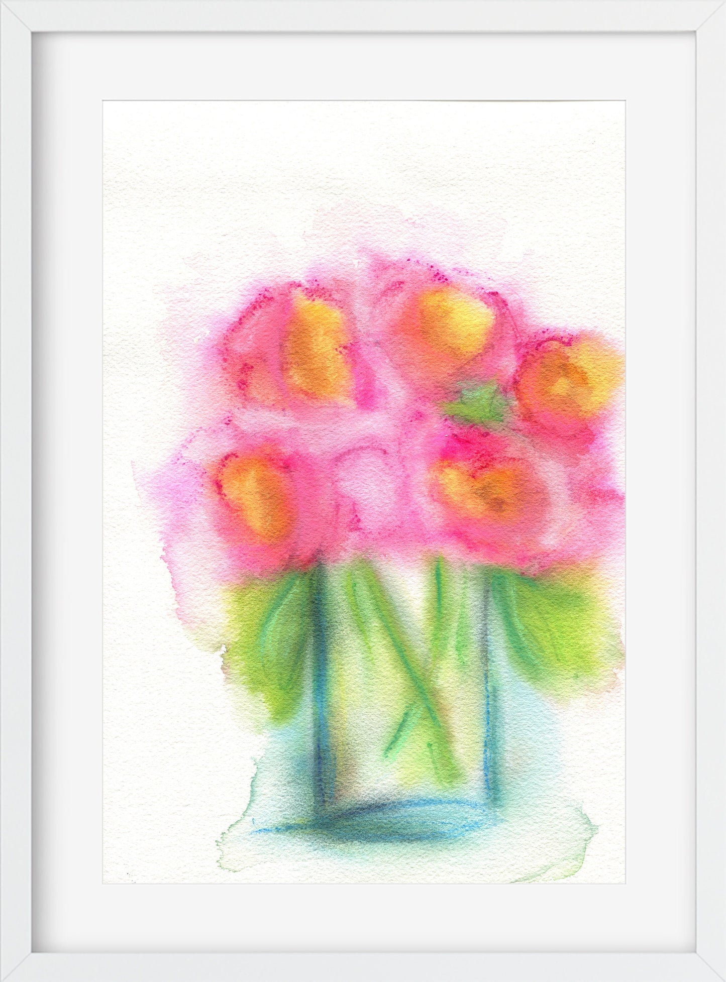 Hot pink peony flowers in vase watercolor painting 9x12 - carved effects