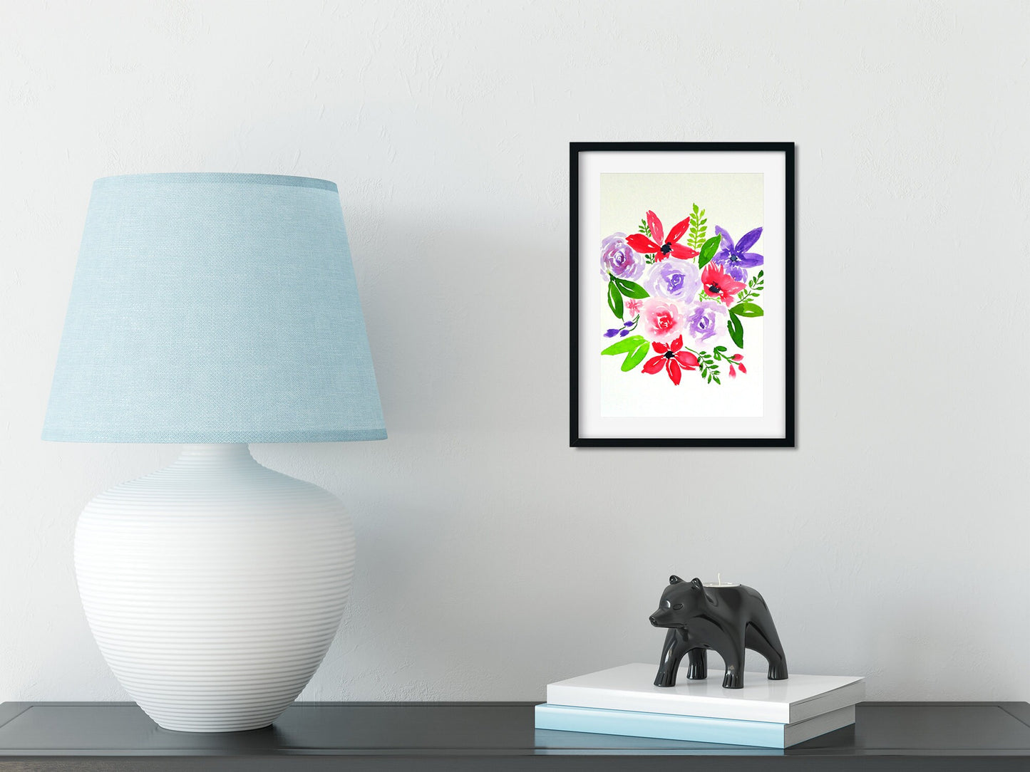 Lilac and pink rose and lily watercolor painting