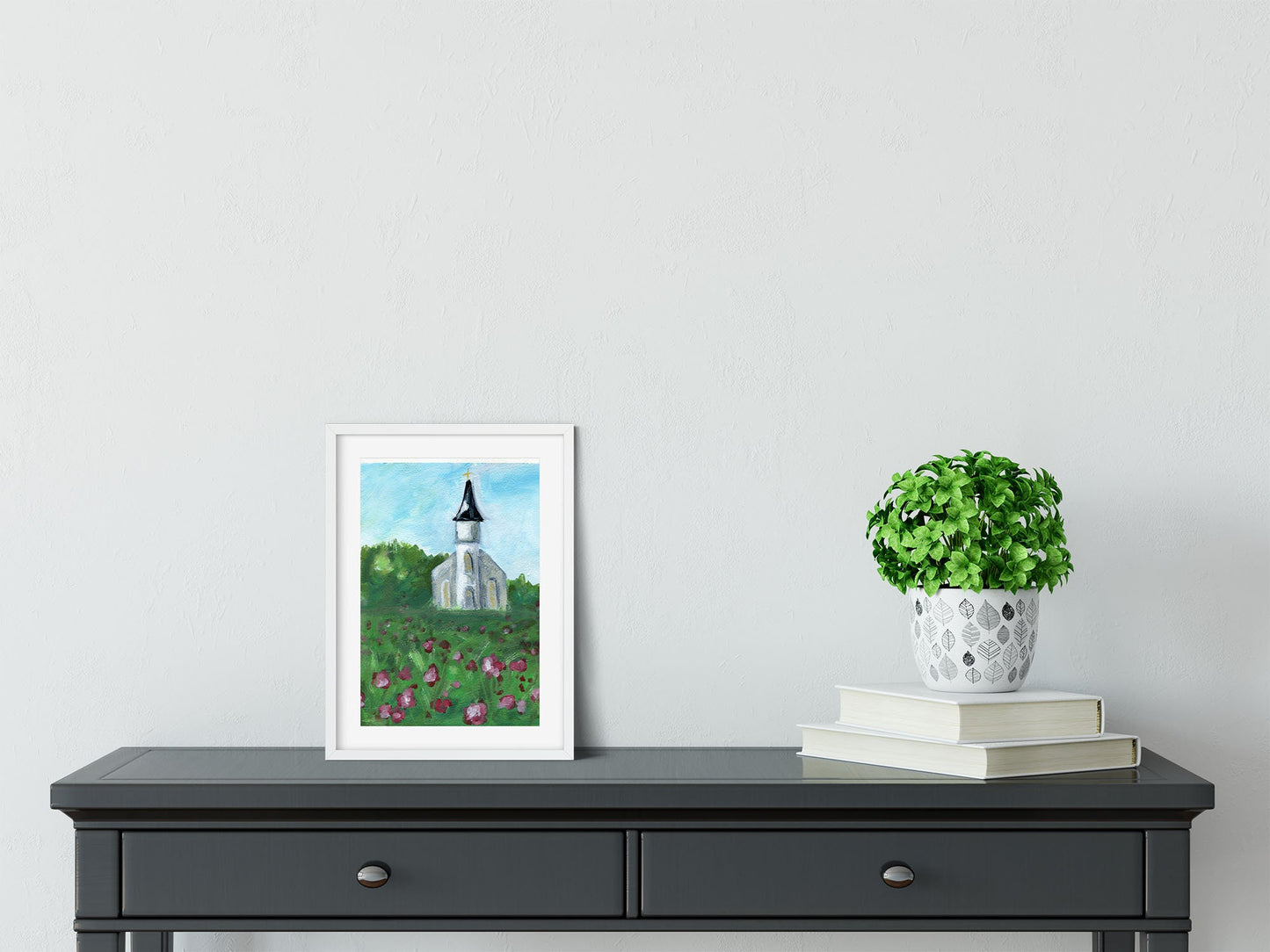 Little white church and flower field acrylic painting on paper