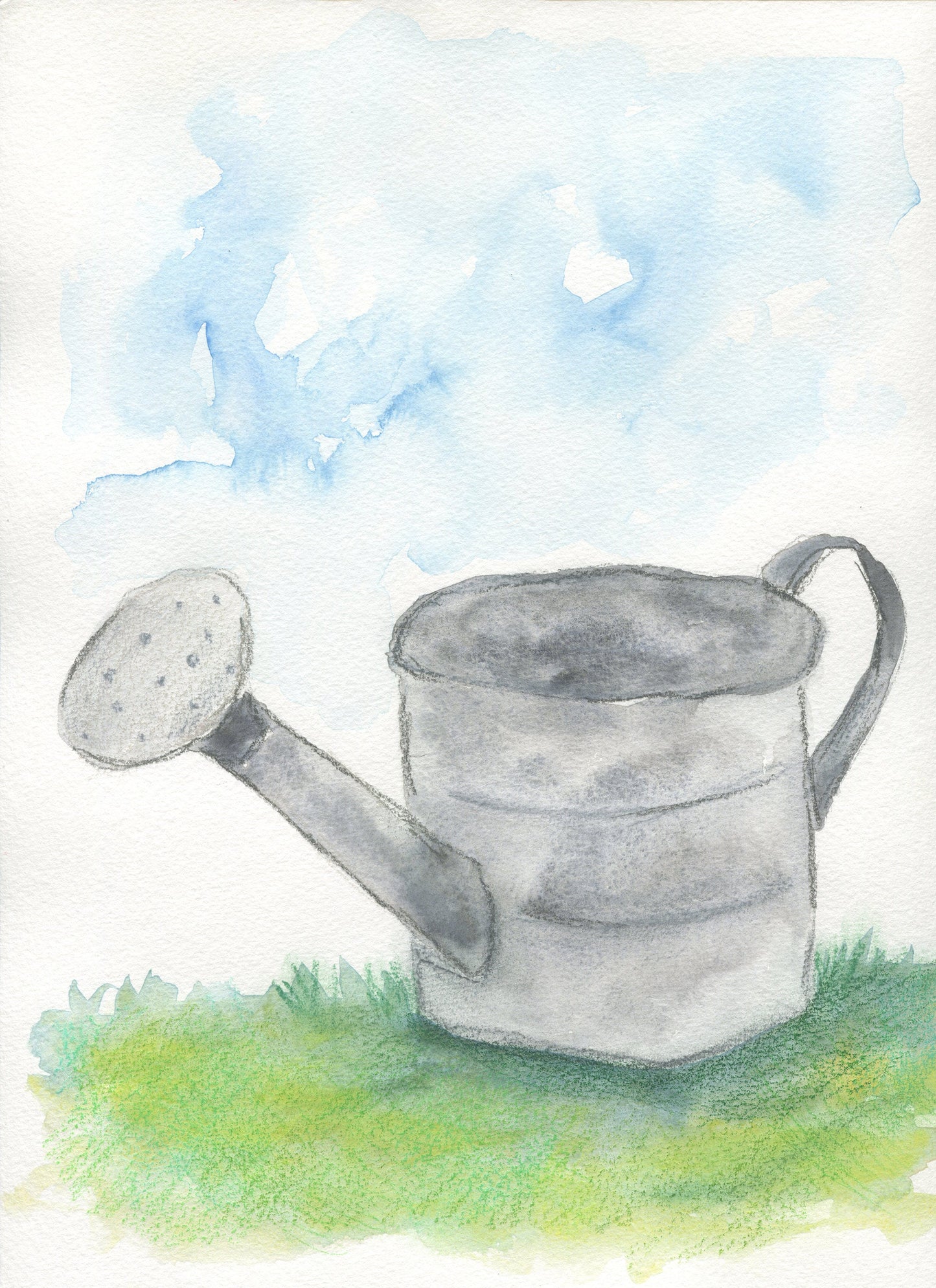 Metal garden watering can watercolor painting 9x12 - carved effects