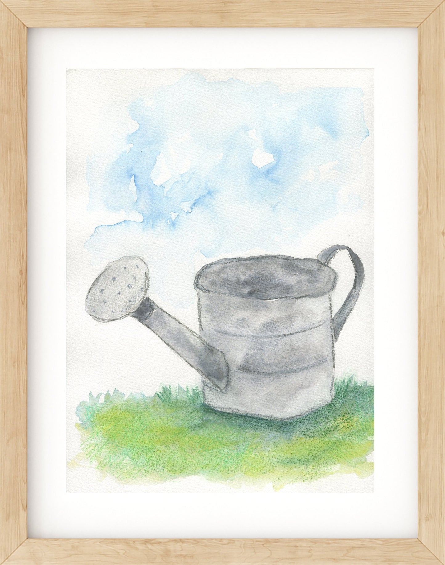 Metal garden watering can watercolor painting 9x12 - carved effects