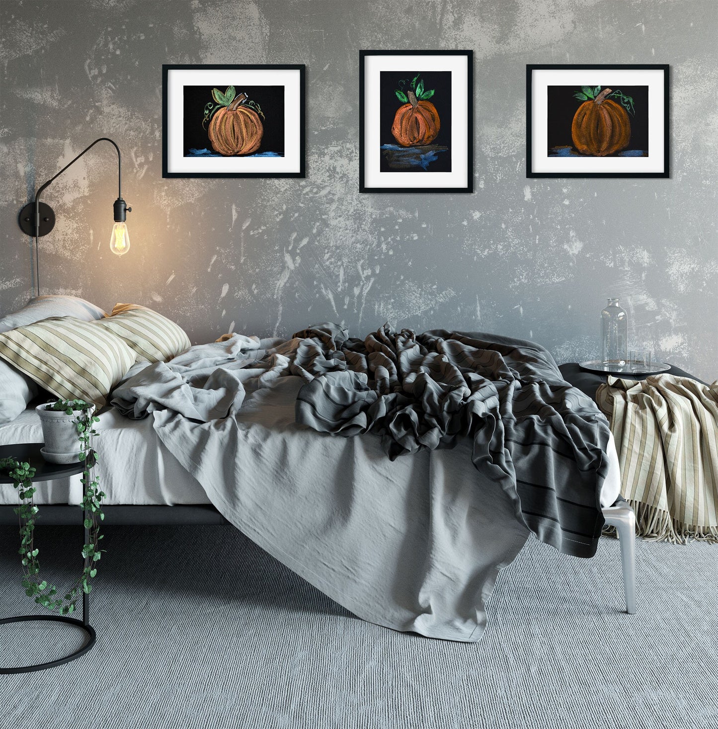 Metallic pumpkin watercolor paintings, set of 3 5x7