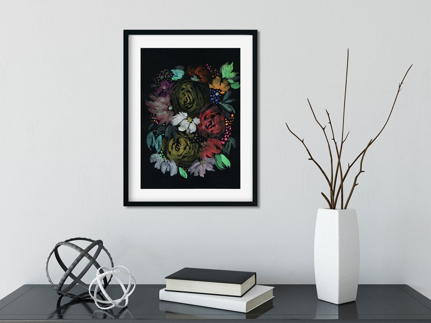 Metallic watercolor painting of flowers on black paper