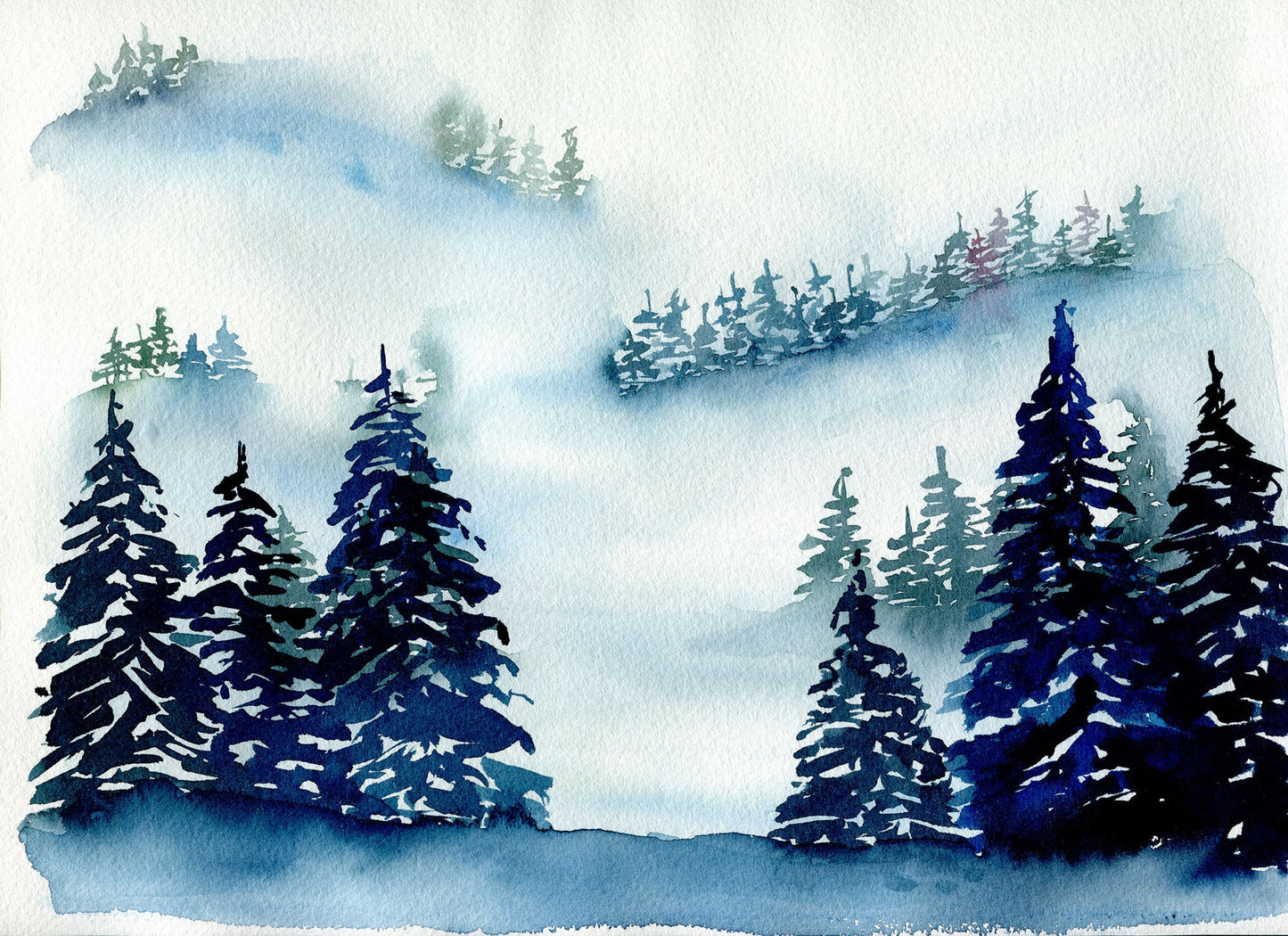 Misty dark blue forest original watercolor painting 9x12 - carved effects