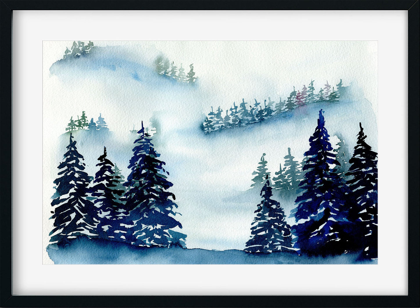 Misty dark blue forest original watercolor painting 9x12 - carved effects