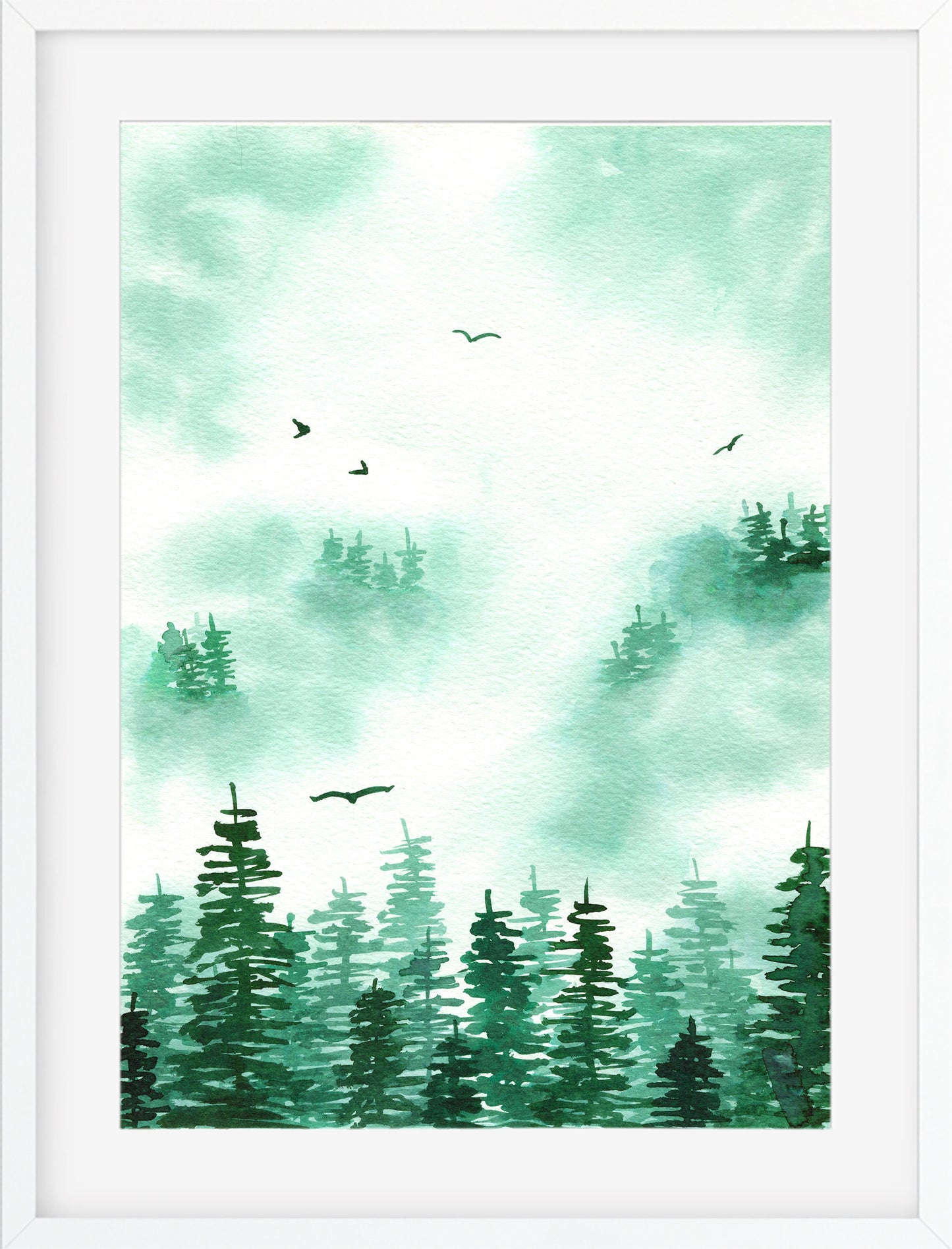 Misty foggy green forest watercolor painting 9x12