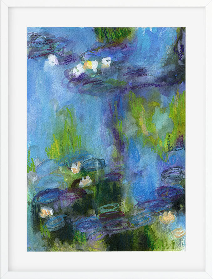 Colorful abstract painting of water lilies and a pond