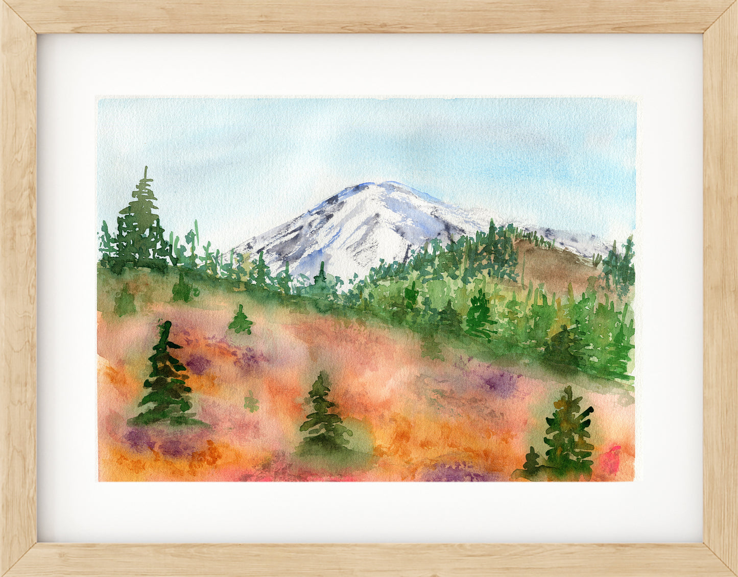 Framed watercolor painting of a mountain landscape with trees