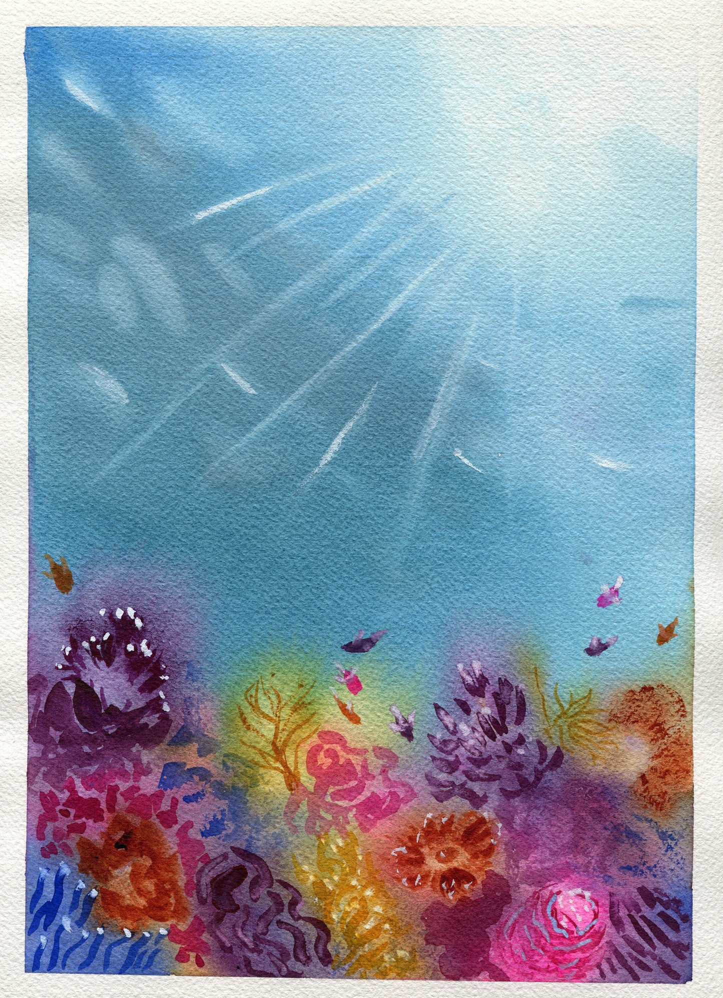 Colorful underwater scene with coral and fish, watercolor style.