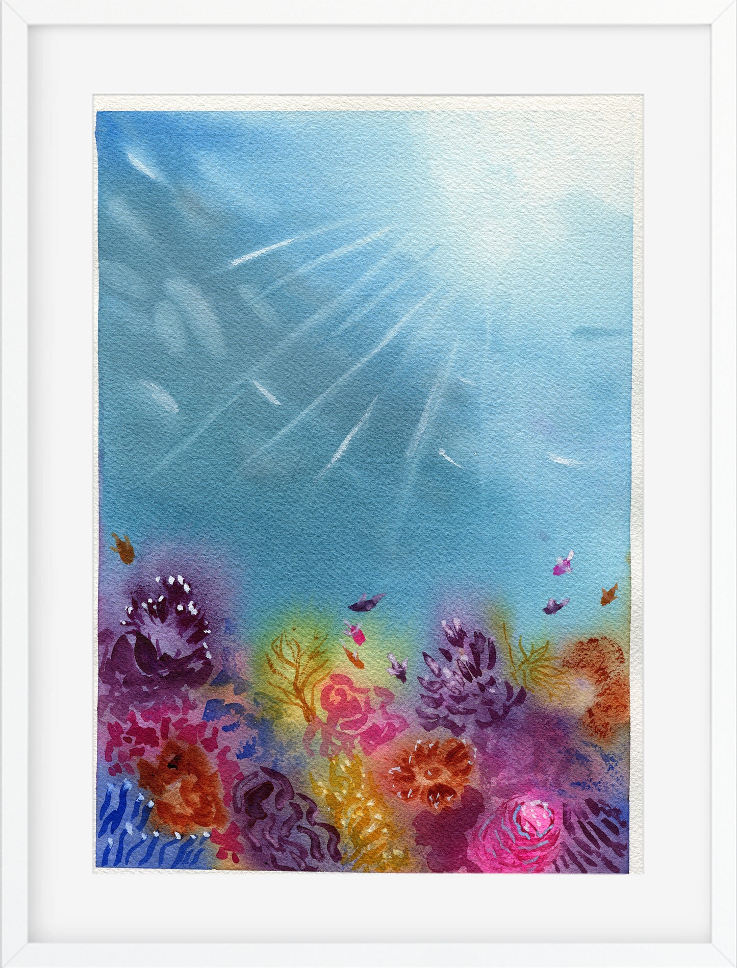 Colorful underwater scene with fish and coral on a blue background