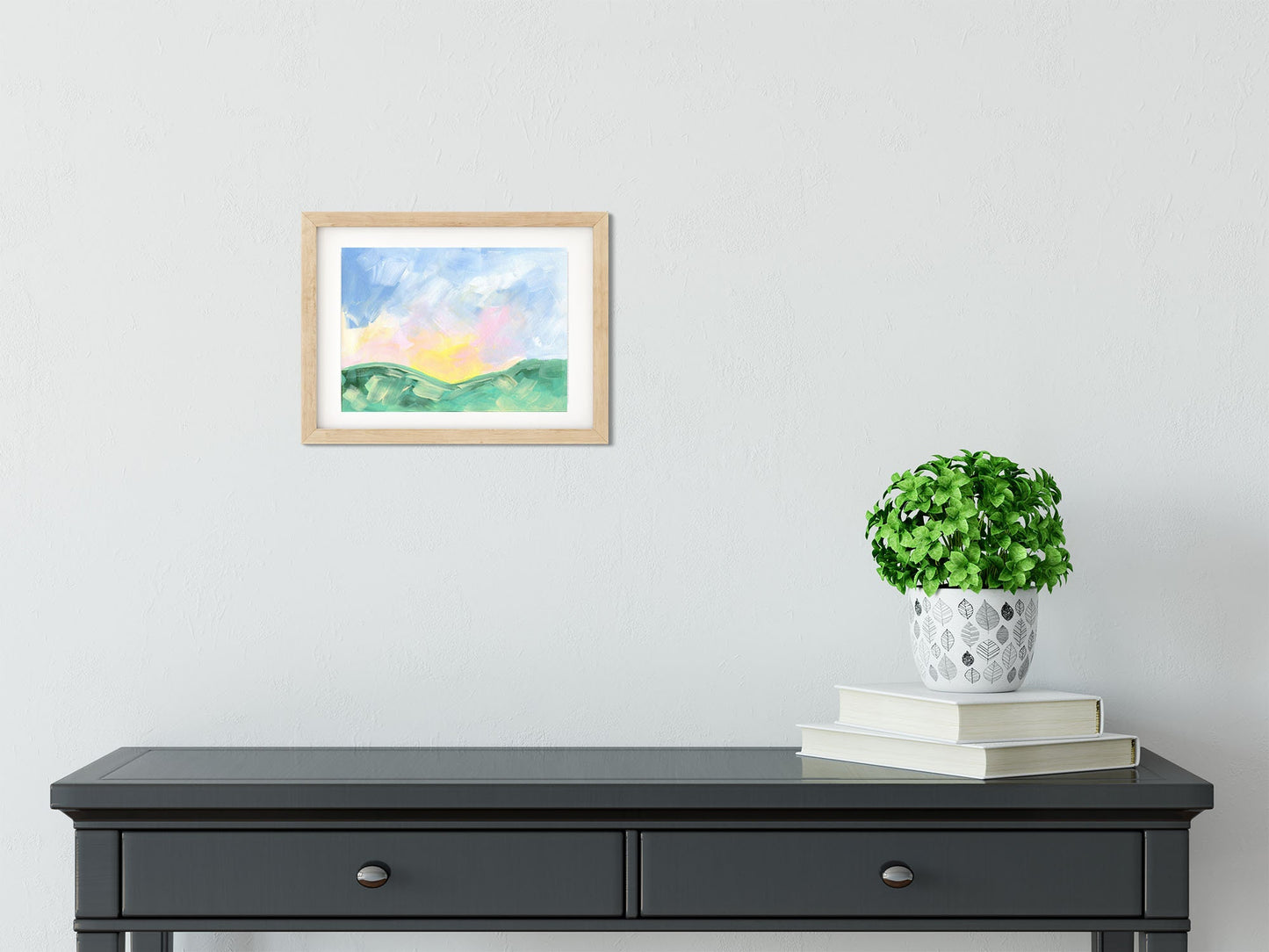 Painterly pastel colored landscape acrylic painting on paper 9x12