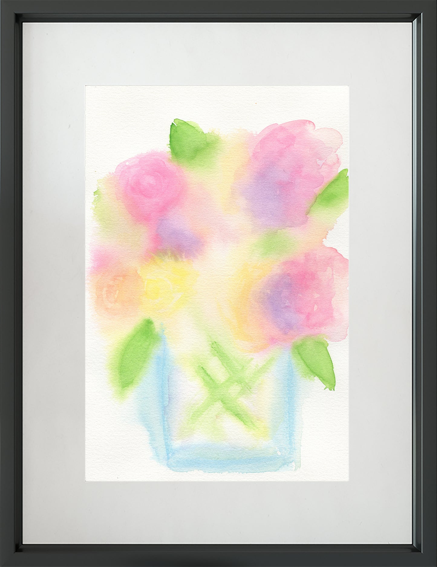 Framed watercolor painting of a bouquet of flowers with pastel colors on a white background.