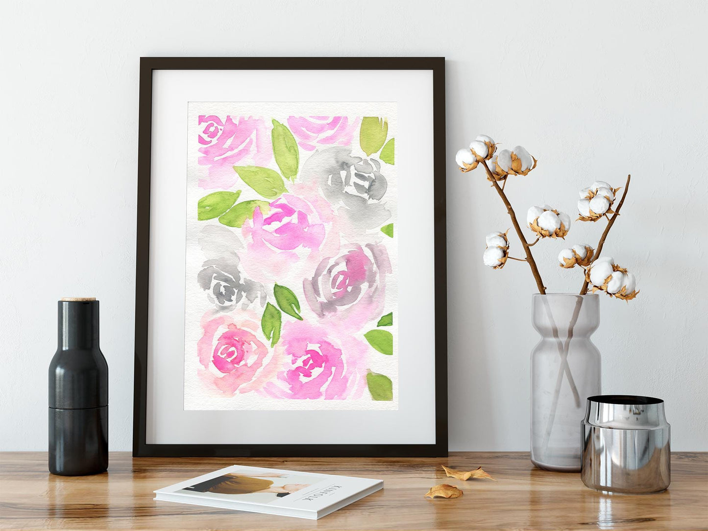 Roses bouquet original watercolor painting 9x12, pink and gray rose original watercolor, floral wall decor