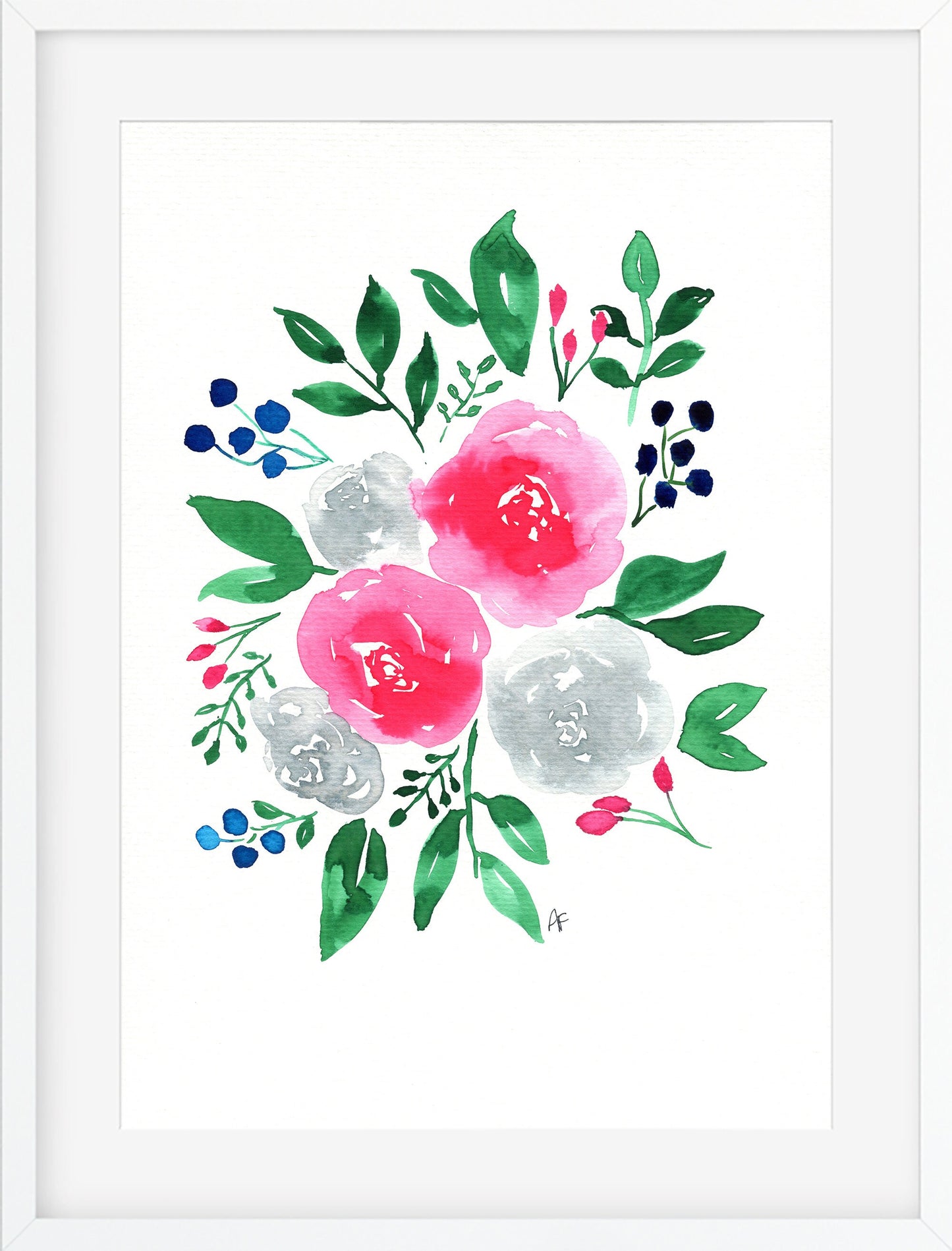 Pink and grey rose watercolor painting 9x12