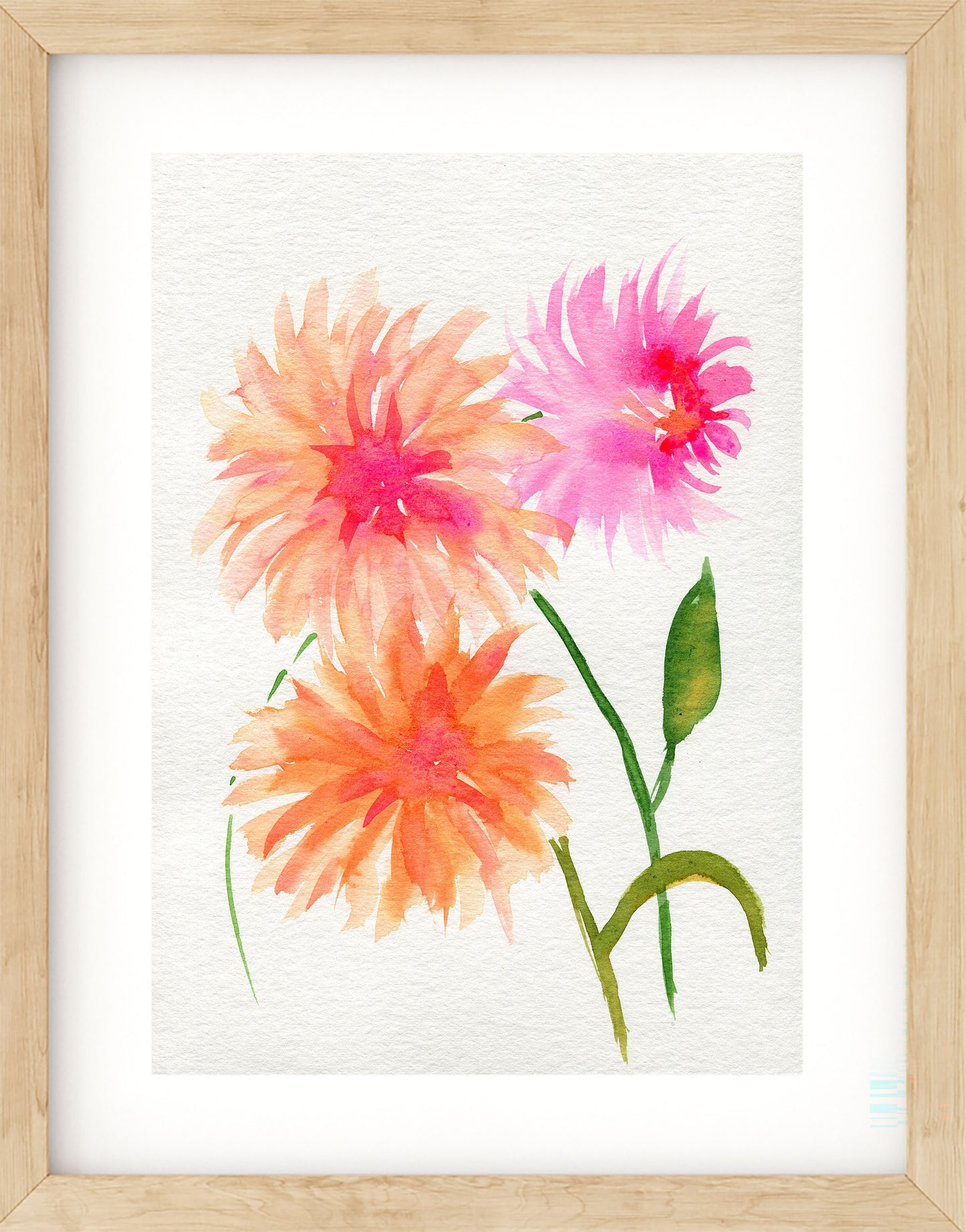 Framed artwork of three colorful flowers on a white background