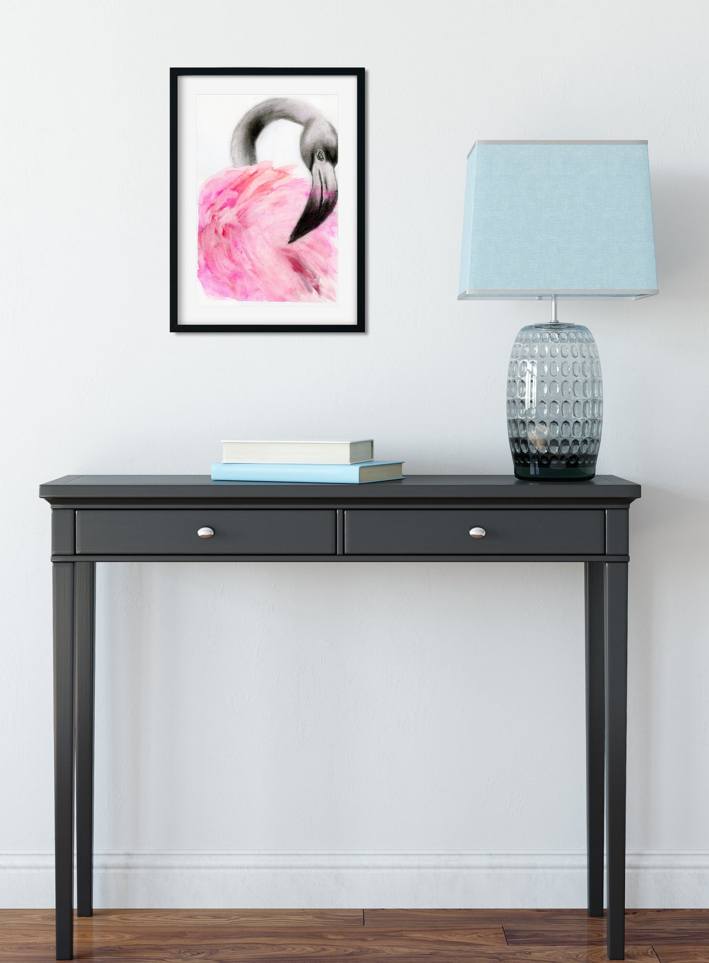 Pink flamingo hand painted charcoal and watercolor painting