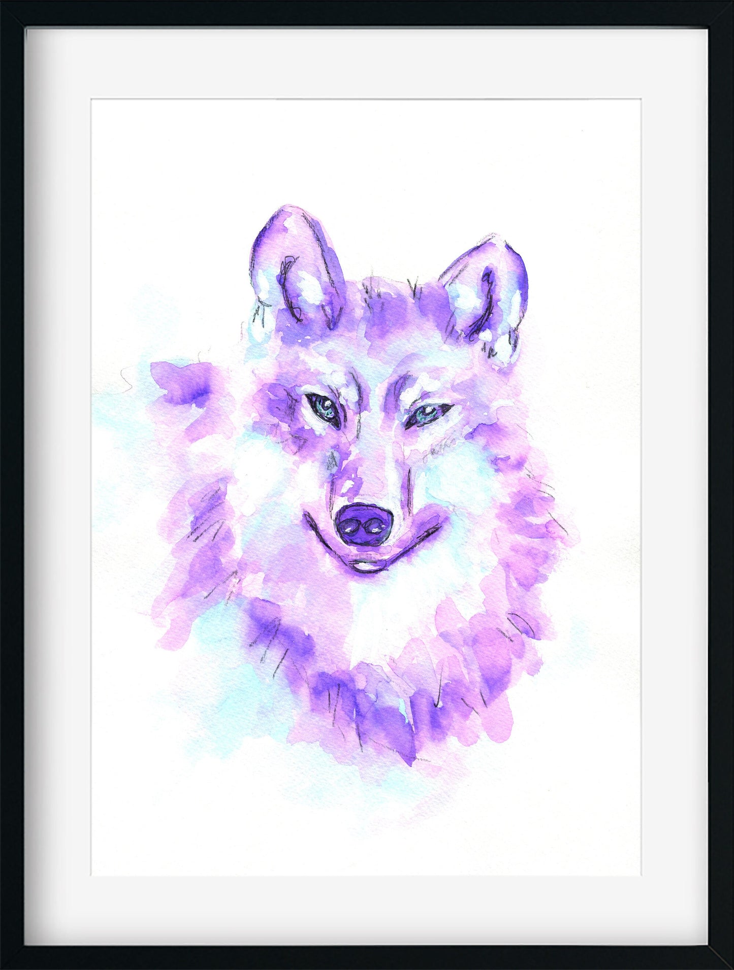Purple wolf watercolor painting 9x12