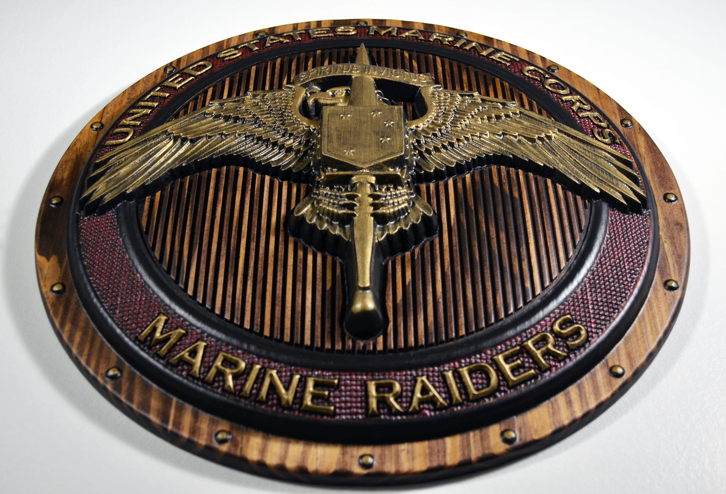USMC Marine Raiders Badge on Shield, Marine Special Operations, 3d CNC wood carving, painted military plaque