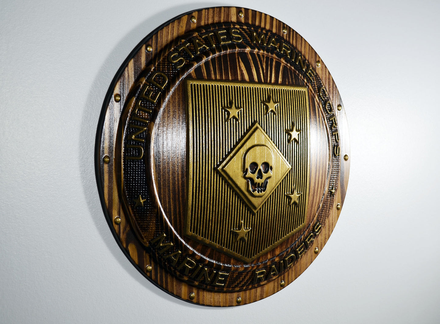USMC Marine Raiders Brass Shield, stained 3d wood carving, military plaque
