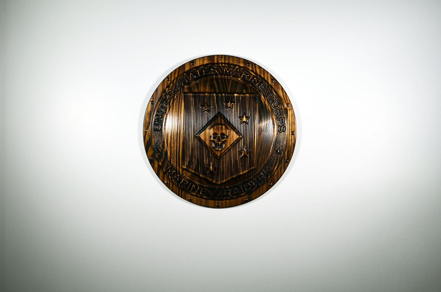 USMC Marine Raiders Shield, stained 3d wood carving, military plaque